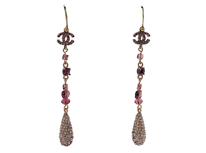 Chanel Purple / Gold Glass and Crystal Long Dangle Earrings Metal  ref.939520