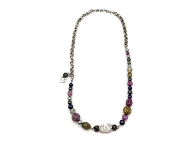 Chanel Purple/Olive Silver Tone Necklace Metal  ref.939524