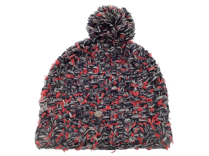Chanel rosso / grigio / Berretto con pom pom in maglia grossa di seta e cashmere intrecciato nero / cappello Multicolore Cachemire  ref.939528