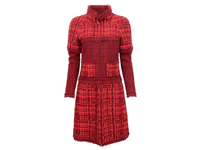 Casaco frontal com zíper de tweed vermelho Chanel Algodão  ref.939532
