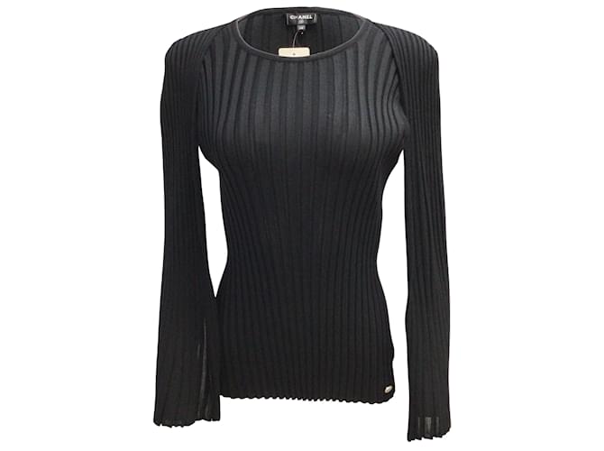 Pull noir à manches cape en tricot côtelé Chanel Laine  ref.939533