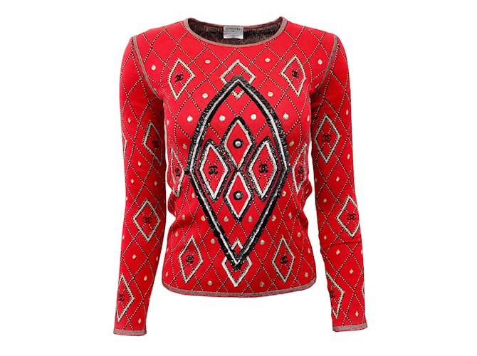 Chanel Sequined Diamond Red / Black / White Sweater Viscose  ref.939534