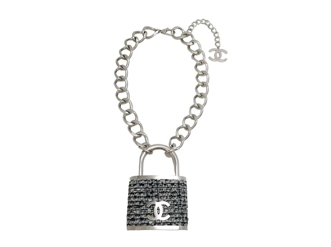 Chanel Silver Giant Tweed Lock Necklace Silvery Metal  ref.939538