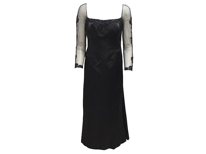 Autre Marque Reem Acra - Robe noire en satin à manches longues avec perles illusion / robe formelle Soie  ref.939577