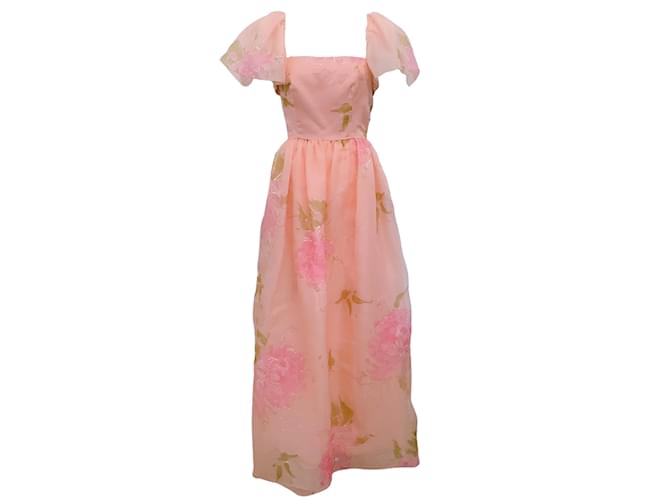 Autre Marque Richilene Pink Vintage Flutter Sleeve Floral Dress with Gold Stitching Silk  ref.939582