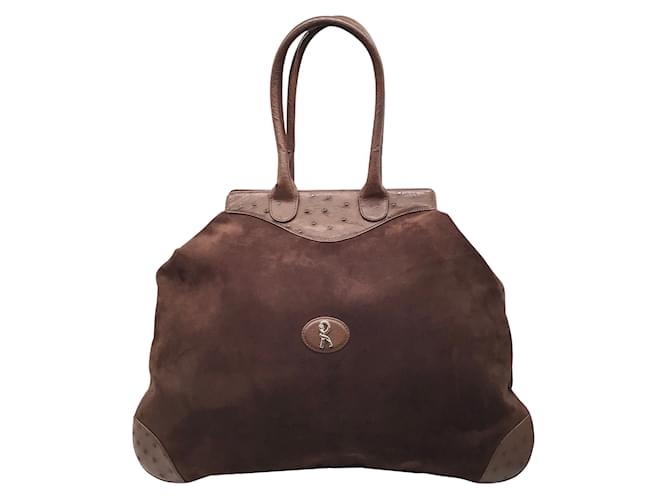 Autre Marque Roberta di Camerino Brown Suede and Ostrich Skin Leather Double Top Handle Satchel Handbag  ref.939596