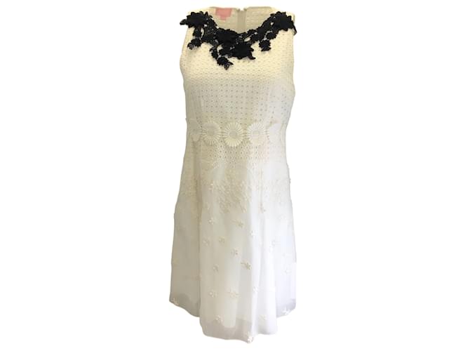 Giambattista Valli Branco / Vestido de algodão sem mangas com aplique de renda floral preto  ref.939616