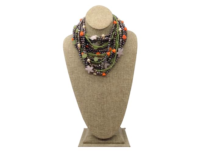 Autre Marque Grün / Orangefarbene mehrsträngige Halskette mit Blumen- und Sternperlen Mehrfarben  ref.939659