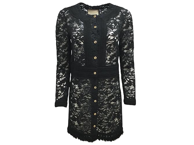 Gucci Black / Vestido de cóctel de punto con encaje y mangas largas con botones y logo dorado GG Negro Sintético  ref.939665