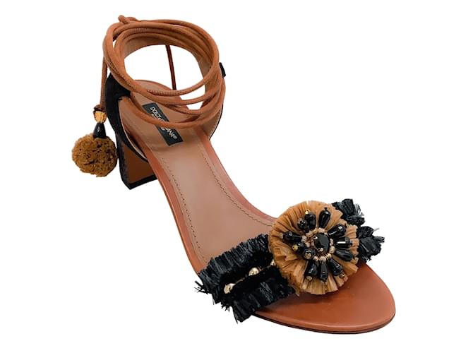Dolce & Gabbana Brown / Sandália preta ráfia com amarração no tornozelo Marrom Couro  ref.939771