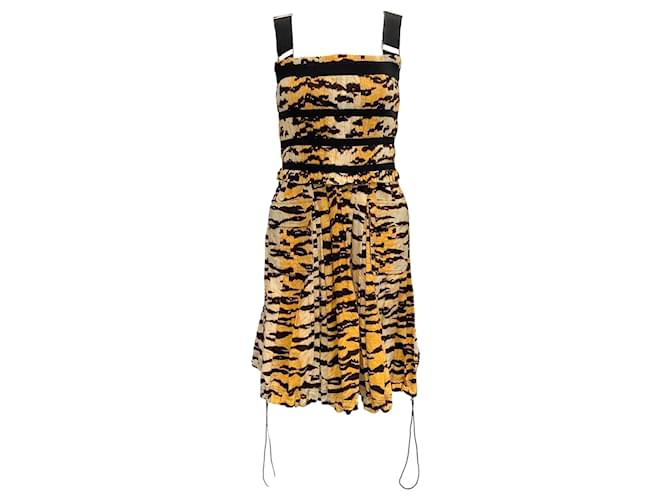 Dolce & Gabbana Gold / Schwarzes ärmelloses Kleid mit Animal-Print und Kordelzug am Saum Golden Baumwolle  ref.939781