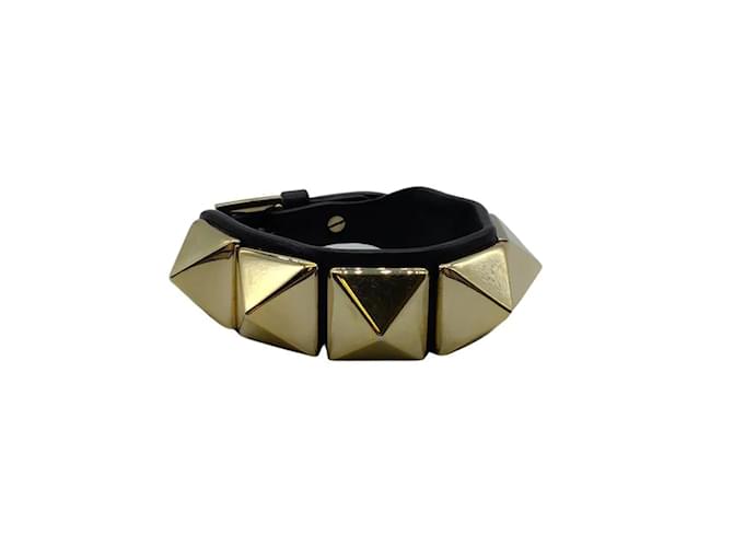 Valentino Garavani Valentino Black Gold Large Rockstuds Bracelet Leather  ref.939783