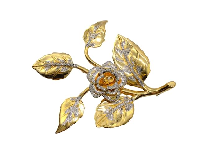 Valentino Gold Crystal Embellished Gilded Rose Brooch Golden Metal  ref.939800