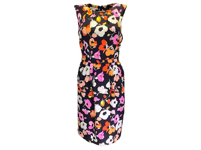Oscar de la Renta Black / Pink Multi Floral Printed Sleeveless Silk Dress  ref.939805