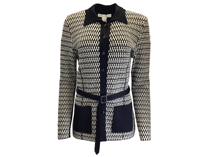 Oscar de la Renta Black / Ivory Two-Tone Belted Long Sleeved Wool Knit Button-down Cardigan Sweater  ref.939806