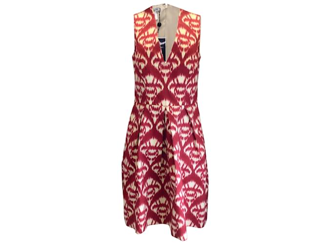 Oscar de la Renta Red / Ivory Ikat Print Cotton Dress  ref.939830