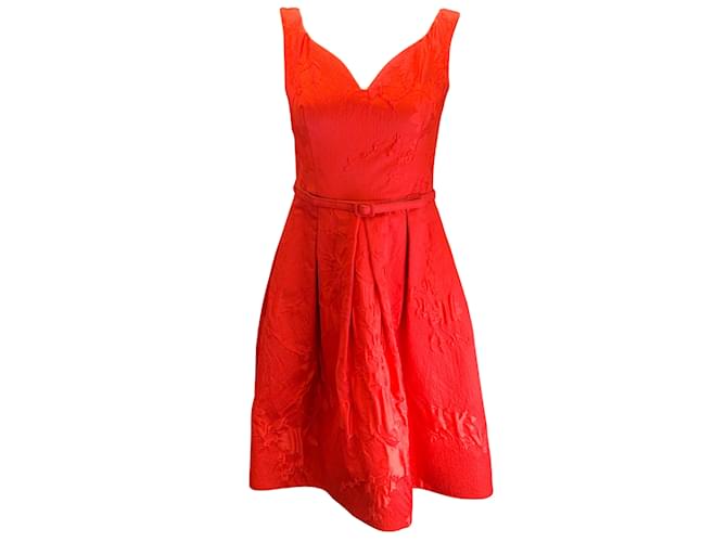 Oscar de la Renta Red Belted Sleeveless Flared Silk Damask Brocade Dress  ref.939831