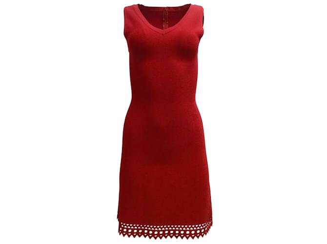 ALAÏA Vestido de cóctel de punto ajustado con cuello de pico y sin mangas con detalle de aberturas en rojo Roja Viscosa  ref.939877