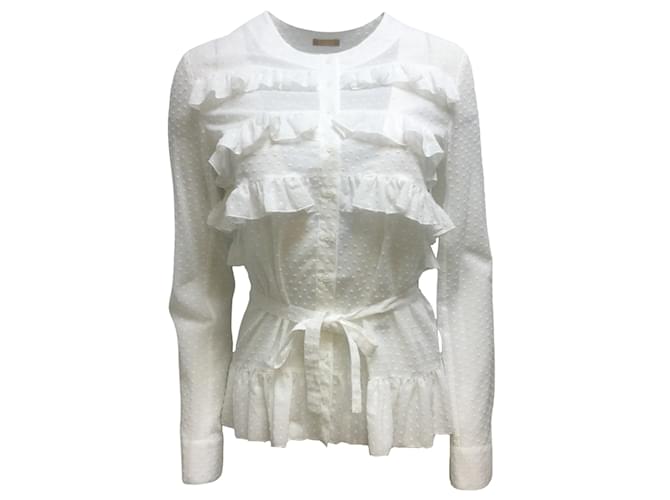 ALAÏA Weiße, langärmelige, geknöpfte Swiss Dot-Bluse mit Rüschendetail und Gürtel Baumwolle  ref.939889