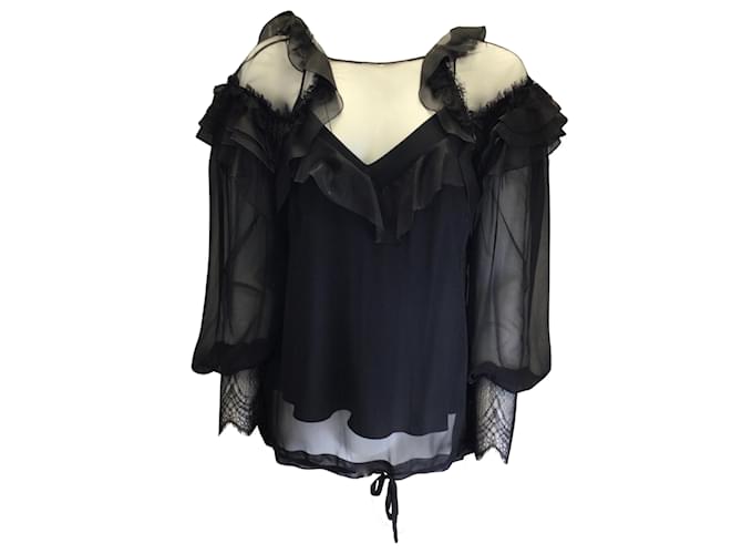 Alberta Ferretti Black Lace Detail Silk Chiffon Top  ref.939894