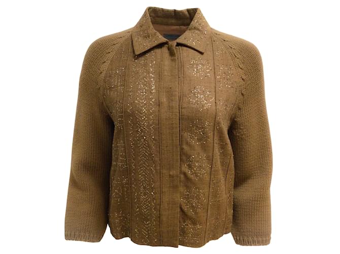 Alberta Ferretti Brown Sequined Raw Silk and Wool Knit Blazer / Jacket  ref.939896