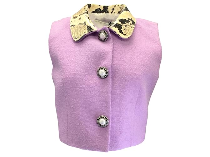 Alessandra Rich Lilac Python Print Leather Collar Tweed Boucle Knit Gilet Vest Purple Wool  ref.939900