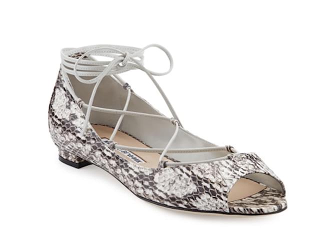 Manolo Blahnik Ivory / Brown Aneska Snakeskin Leather Lace-up Open-toe Flats Cream Exotic leather  ref.939971