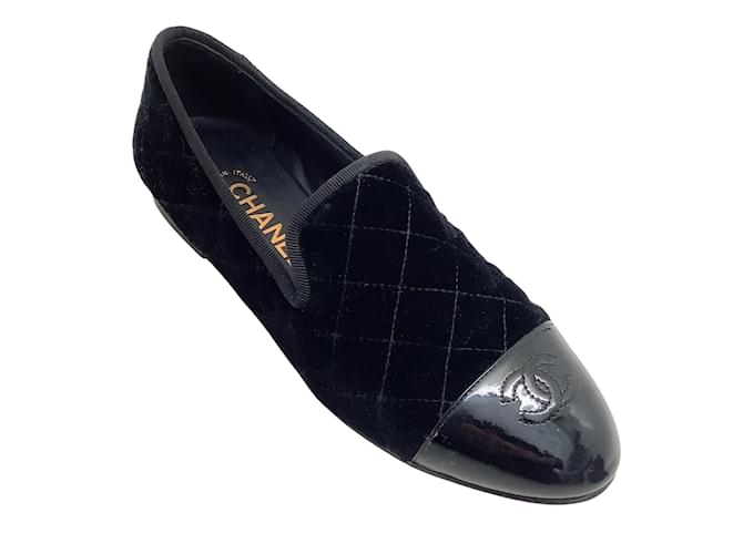 Chanel Black Quilted Loafers with Patent Leather Cap Toe Velvet