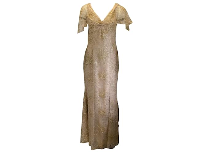Autre Marque Marchesa Notte Gold Metallic / Beige Embellished Mesh Tulle Front Slit Gown / formal dress Golden Polyester  ref.940032