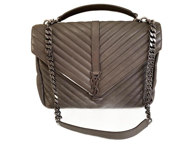 Bolsa Saint Laurent College Cinza Chevron Couro Acolchoado Monograma