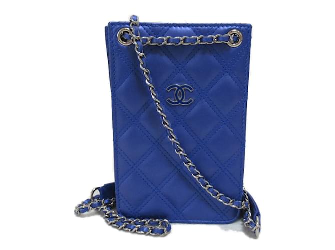 Chanel Quilted Leather Phone Holder Crossbody Bag Blue Pony-style