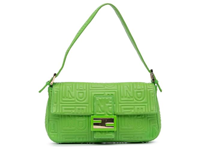 Fendi Green Logo Embossed Baguette Leather Pony-style calfskin  ref.940925