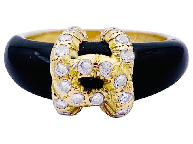 Cartier-Ring, "liniert-C", gelbes Gold, Onyx, Diamanten. Weißgold  ref.941007