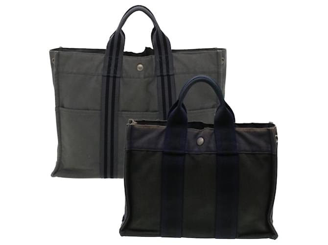 Hermès HERMES Her Line Fourre Tout Hand Bag Canvas 2Set Gray Auth bs5456 Grey Cloth  ref.941036