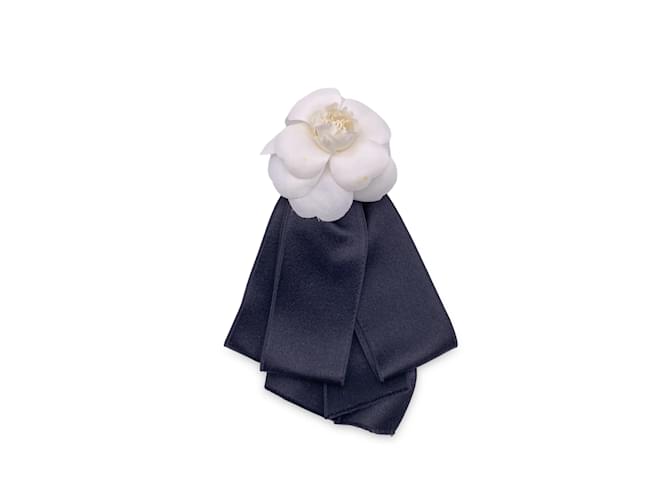 Chanel Vintage Black and White Silk Camellia Camelia Bow Brooch