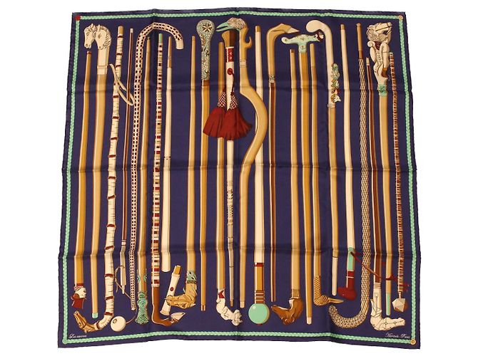 Hermès HERMES CARRE 90 Sciarpa Les cannes Seta Blu Auth 42853
