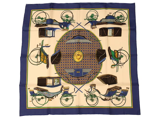 Hermès HERMES CARRE 90 LES VOITURES A TRANSFORMATION Scarf Silk Blue Yellow Auth 42857 Green  ref.942140