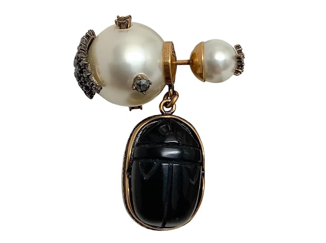 Boucles d'oreilles Christian Dior Crystal Pearl Tribales Beetle Charm Écru  ref.942219