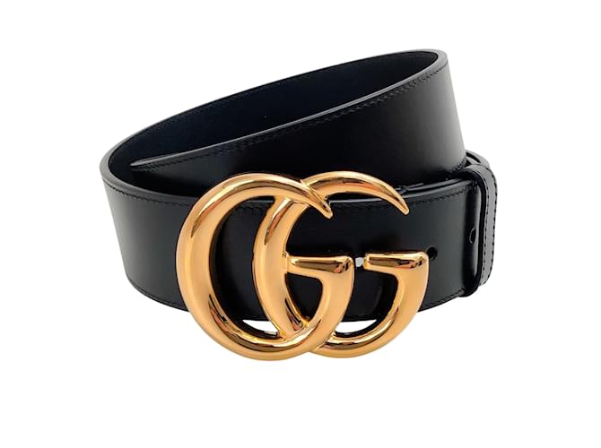 Ceinture large en cuir noir Gucci avec boucle logo GG dorée  ref.942234
