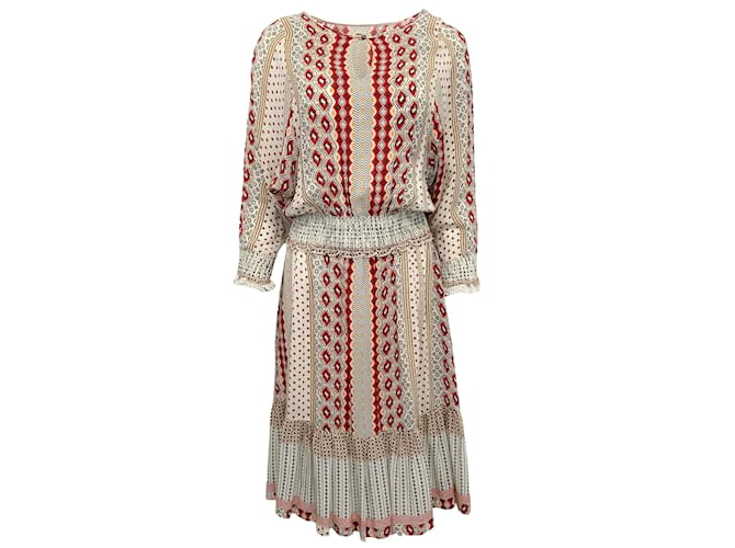 Autre Marque Warm Ivory / Red / Multi Shirred Silk Three Quarter Sleeve Dress Cream  ref.943169