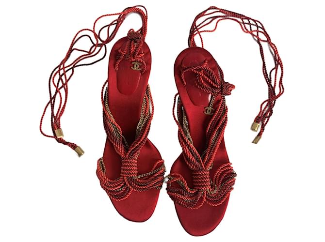 Chanel sandali Rosso D'oro Velluto Raso Corda  ref.943433
