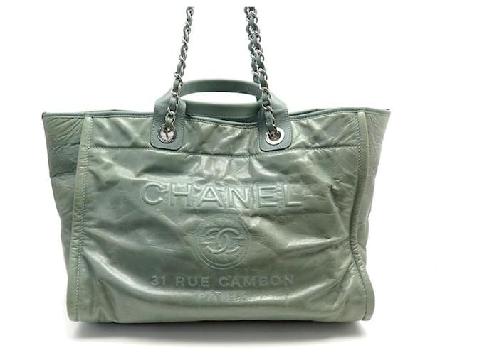 SAC A MAIN CHANEL CABAS DEAUVILLE MEDIUM CUIR VERT GREEN LEATHER TOTE BAG  ref.943525