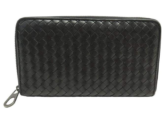 Bottega Veneta Black Intrecciato Leather Zip Around Compact Wallet