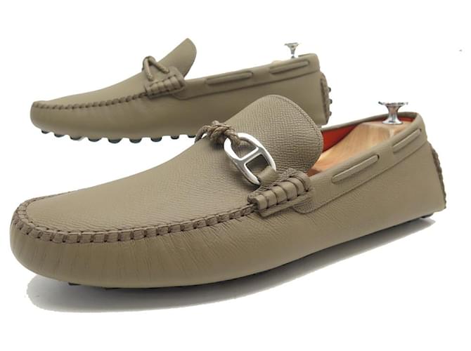Hermès NINE HERMES SHOES ALESSANDRO MOCCASIN 44 ETOUPE LEATHER BUCKLE SHOES Taupe  ref.943570