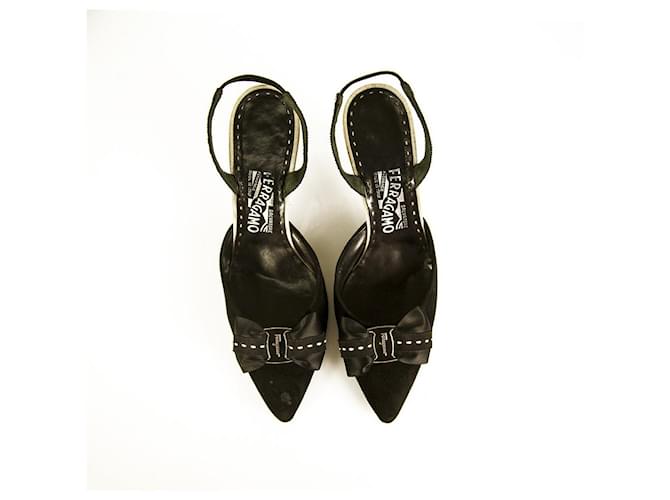 Salvatore Ferragamo Black Suede Pointed Toe Bow Slingback heels pumps size 9.5  ref.943712