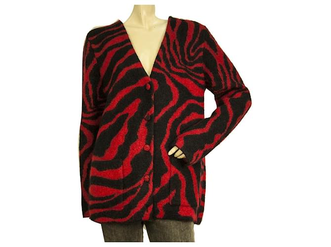 Saint Laurent Red Black Zebra Print Mohair wool knit Cardigan Jacket size M Dark red  ref.943718