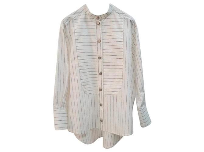 Chanel White Striped Collarless Shirt