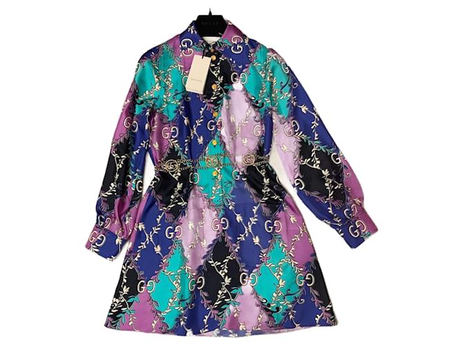 Mini robe chemise Gucci en soie avec ceinture en chaîne Multicolore  ref.943912