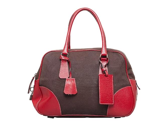 Prada Canvas & Leather Boston Bag B10813 Red Cloth Pony-style calfskin  ref.943957
