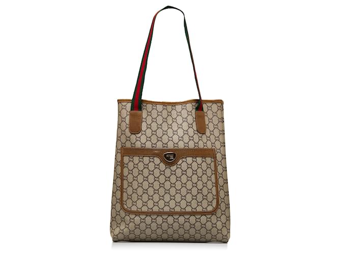 Gucci Vintage - GG Supreme Web Tote Bag - Brown - Leather Handbag